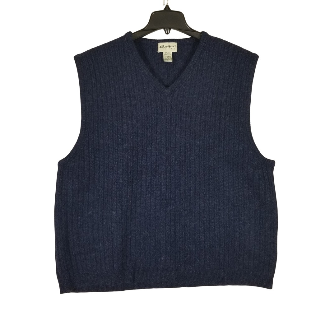 Eddie Bauer Sweater Vest Mens XXL Navy Blue 100% Wool Ribbed V-Neck Classic Knit